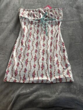 White Floral Strapless Mini Dress with Mint Tie edited medium nwt